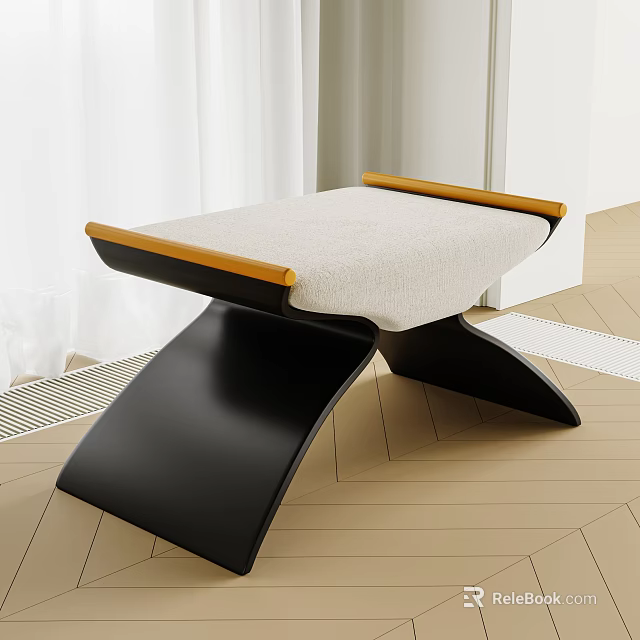 Modern Stool With Black X Shaped Base Wooden Arms And Beige Padded Seat 3d model 