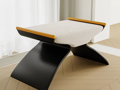 Modern Stool With Black X Shaped Base Wooden Arms And Beige Padded Seat 3d model