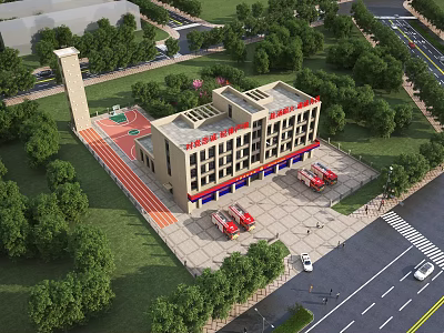 Modern Fire Station Building With Fire Trucks Lush Greenery And Training Ground 3d model