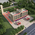 Modern Fire Station Building With Fire Trucks Lush Greenery And Training Ground
