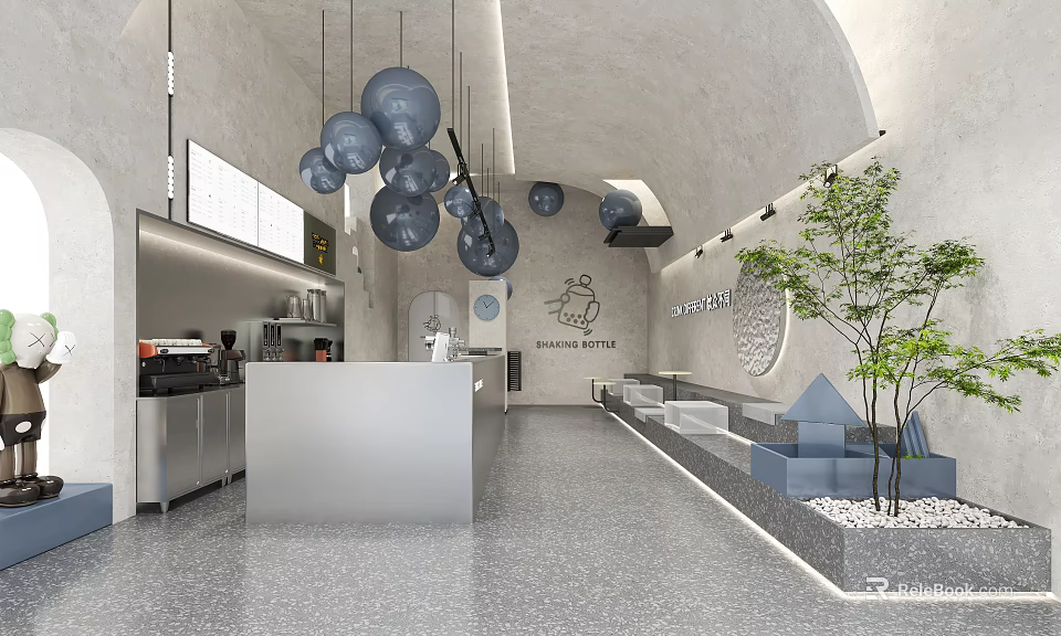 Modern Cafe Open Space Featuring Gray Spherical Pendant Lights Curved Walls Bar Counter Greenery 3d model 