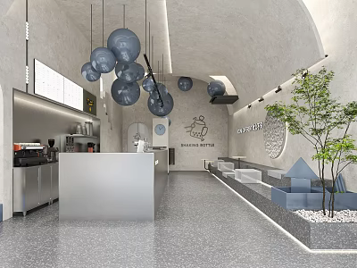 Modern Cafe Open Space Featuring Gray Spherical Pendant Lights Curved Walls Bar Counter Greenery 3d model