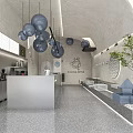 Modern Cafe Open Space Featuring Gray Spherical Pendant Lights Curved Walls Bar Counter Greenery