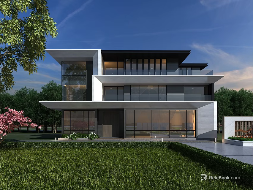 Modern Detached Villa Exterior With Glass Curtain Walls Landscaped Garden Green Lawn And Blue Sky 3d model 