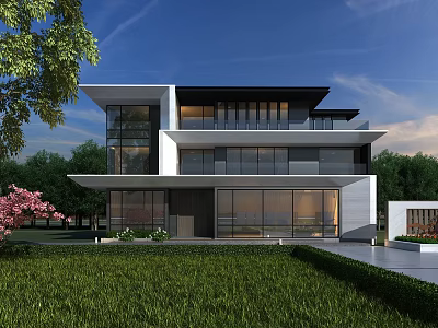 Modern Detached Villa Exterior With Glass Curtain Walls Landscaped Garden Green Lawn And Blue Sky 3d model