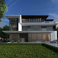 Modern Detached Villa Exterior With Glass Curtain Walls Landscaped Garden Green Lawn And Blue Sky
