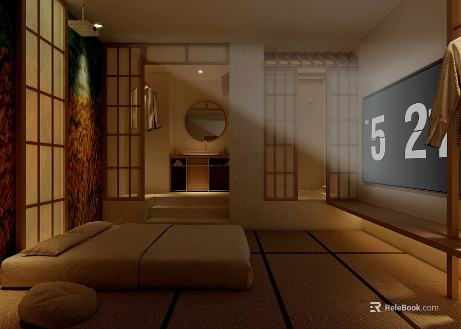 Japanese Style SPA Sauna Interior With Tatami Floor Shoji Screens Mirror And TV 3d model 