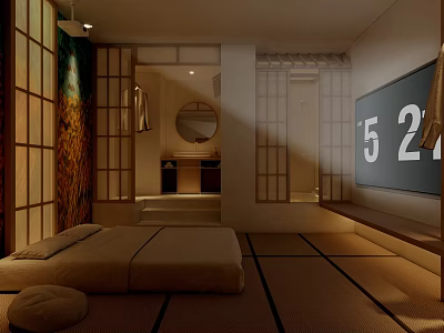 Japanese Style SPA Sauna Interior With Tatami Floor Shoji Screens Mirror And TV 3d model