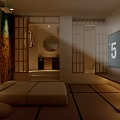 Japanese Style SPA Sauna Interior With Tatami Floor Shoji Screens Mirror And TV