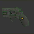 Rusty Vintage Revolver With Metallic Texture And Grip Featuring Yellow Dot On Dark Reflective Surface