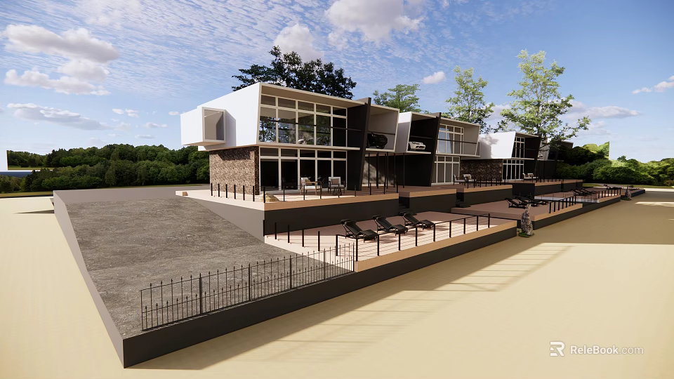 Modern Detached Villa With Large Glass Windows Terrace And Green Surroundings 3d model 