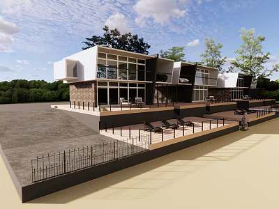 Modern Detached Villa With Large Glass Windows Terrace And Green Surroundings 3d model