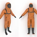 Orange Full Body Protective Suit With Black Straps And Stained Black Boots
