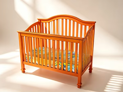 Wooden Baby Crib with Curved Headboard and Colorful Mattress in Bright Sunlit Room 3d model