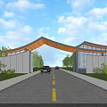 Modern Curved Roof Entrance Gate With Greenery Lawn Road Parked Car And Blue Sky
