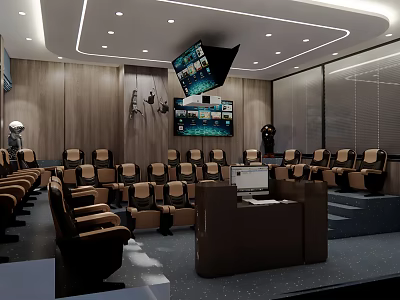 Modern Conference Room Interior With Brown Seats Control Desk And Projector Screens 3d model