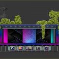 Modern Building Exterior With Neon Lights Green Roof Large Display And Colorful Facade