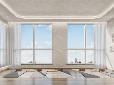 Bright Yoga Fitness Studio With Yoga Mats Large Windows City View Wooden Floor 3d model