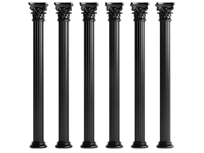 Six Black Classical Roman Columns With Ornate Capitals And Vertical Grooves 3d model