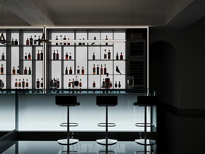 Modern Wine Cellar Interior With Glass Shelves Wine Bottles And Bar Stools 3d model