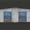 Red Brick Long Single Story Building With Gray Roof Blue Door And Windows
