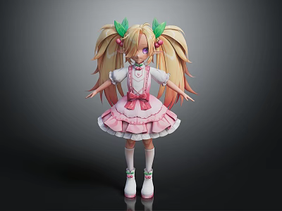 Cute Blonde Character With Twin Tails And Green Leaf Creature Hair Accessories 3d model