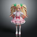 Cute Blonde Character With Twin Tails And Green Leaf Creature Hair Accessories