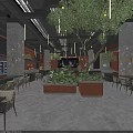 Warm Restaurant Interior With Red Brick Walls Green Plants Pendant Lights And Wooden Decor