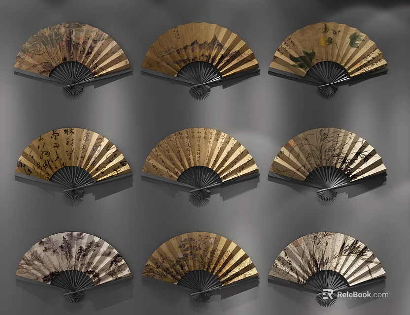 Decorative Chinese Fan Wall Hanging With Various Painting Patterns For Home Interior Decoration 3d model 