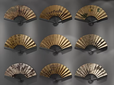 Decorative Chinese Fan Wall Hanging With Various Painting Patterns For Home Interior Decoration 3d model