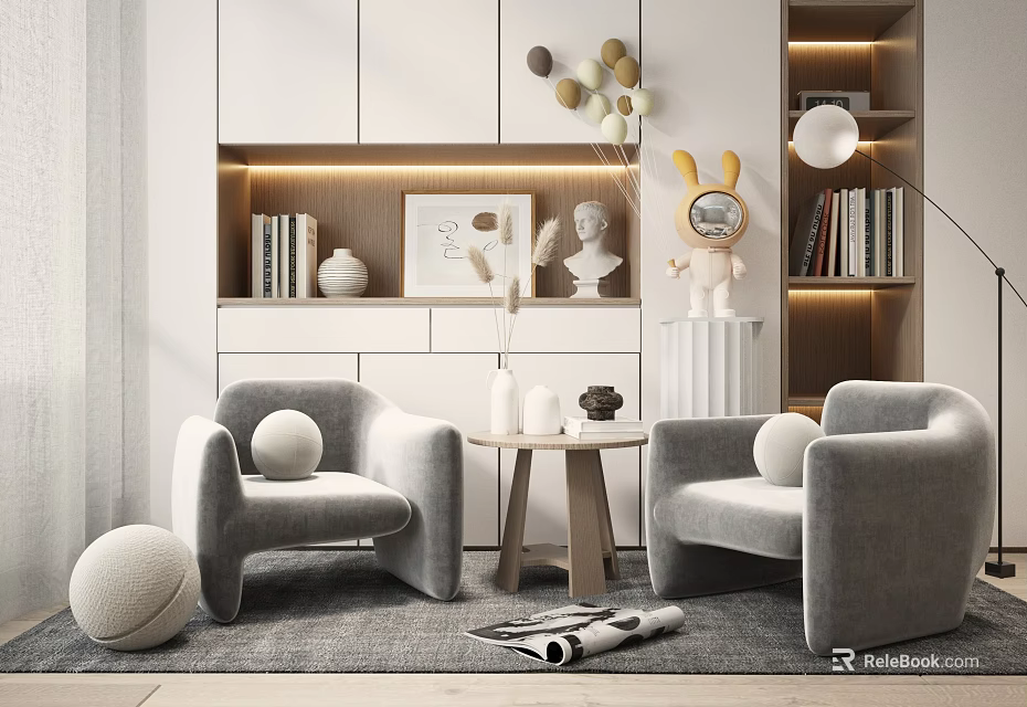 Casual Gray Sofa Set with Armchairs Small Round Coffee Table Plush Ball Decorations and Bookshelf 3d model 