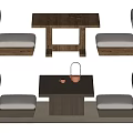 Minimalist Wooden Tea Table And Chairs With Gray Cushions And Tea Pot On Top