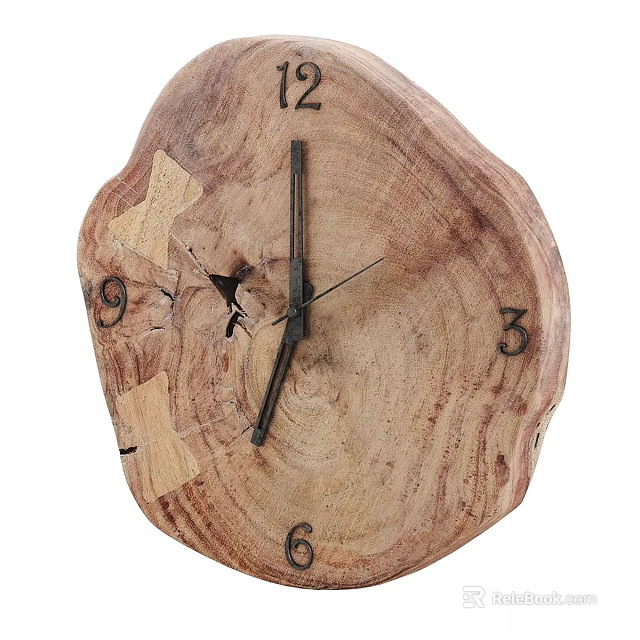 Natural Wooden Stump Slice Clock With Visible Growth Rings And Black Numerals 3d model 