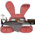 Cute Kids Rabbit Shaped Bed Pink Soft Upholstered With Cozy Pillows And Blanket