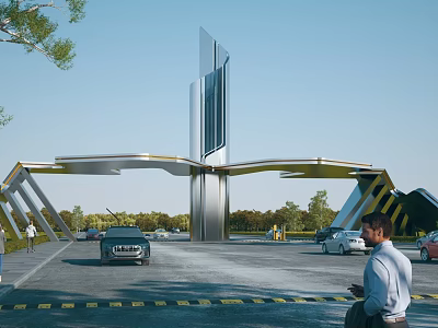 Modern Entrance Gate With Metallic Curved Canopy Cars Passing Through And People Around 3d model