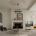 Elegant Modern Living And Dining Room Interior With Blue Sofa Round Coffee Table Red Painting