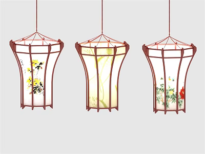 Traditional Chinese Hanging Lanterns With Red Frames White Shades And Floral Patterns 3d model