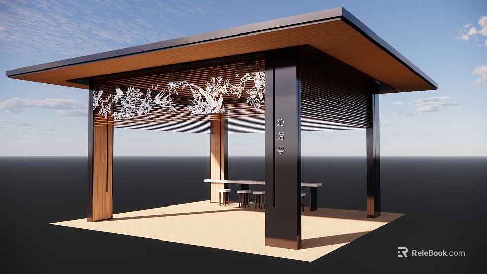 Modern Pergola Design With Wooden Roof Decorative Carvings And Table Chairs 3d model 