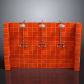 Three Metal Showerheads With Control Fixtures On Red Tiled Bathroom Wall