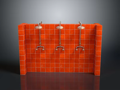 Three Metal Showerheads With Control Fixtures On Red Tiled Bathroom Wall 3d model