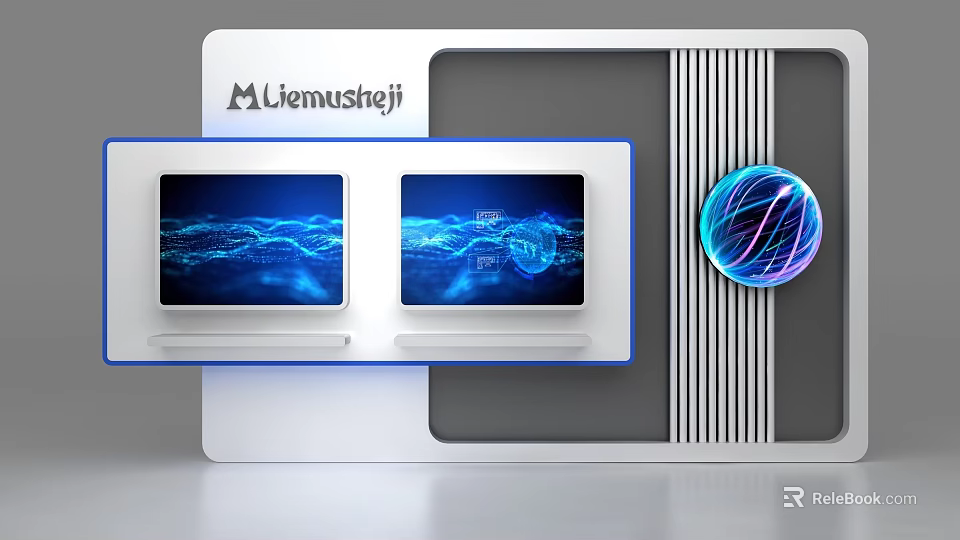 Modern Background Wall With Liemustrej Logo Two Screens Blue Waves Data Patterns And Globe 3d model 