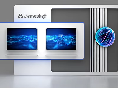 Modern Background Wall With Liemustrej Logo Two Screens Blue Waves Data Patterns And Globe 3d model