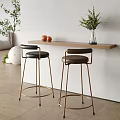 Modern Bar Counter With Wooden Top Two Leather Stools And Green Plant Decor
