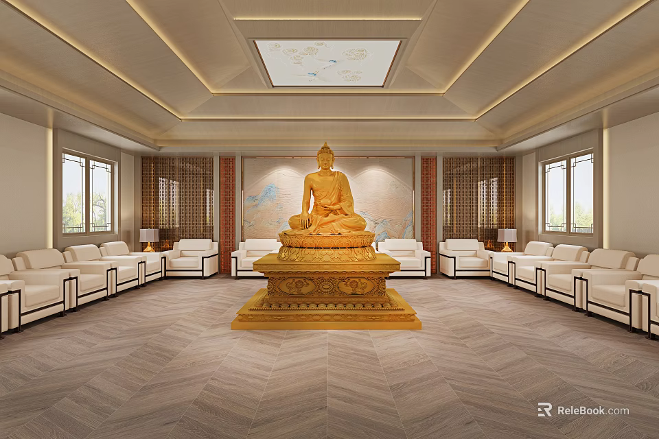 Buddhist Meditation Room Interior Featuring Golden Buddha Statue White Sofas And Decorative Art 3d model 