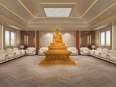 Buddhist Meditation Room Interior Featuring Golden Buddha Statue White Sofas And Decorative Art 3d model