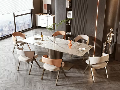 Modern Dining Table Set with Marble Top Six Chairs and City View Gray Floor 3d model