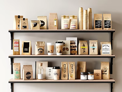 Food Packaging Display on Shelves with Various Containers Paper Bags and Cups 3d model