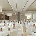 Elegant Banquet Hall Interior With White Tables Chairs Exquisite Tableware Chandeliers And Backdrop Wall
