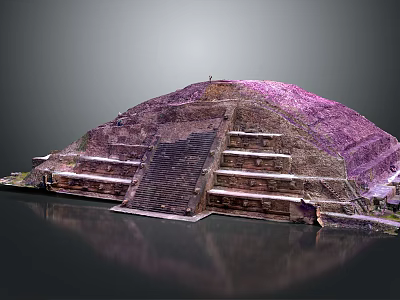 Cartoon Scene Depicting Ancient Pyramid with Stepped Platforms Purple Top and Water Reflection 3d model