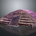 Cartoon Scene Depicting Ancient Pyramid with Stepped Platforms Purple Top and Water Reflection